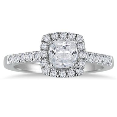 1 1/3 Carat Cushion Cut Diamond Halo Engagement Ring in 14K White Gold 