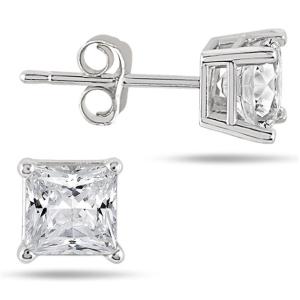 1.00 Carat Princess Diamond Solitaire Earrings in 14K White Gold