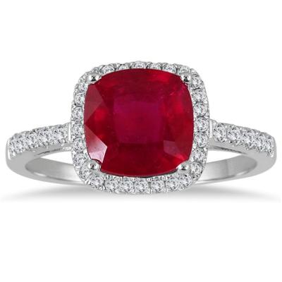 3 Carat Cushion Cut Ruby and Diamond Ring in .925 Sterling Silver