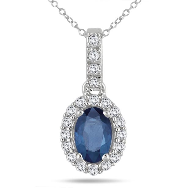 Oval Sapphire and Diamond Halo Pendant in 10K White Gold