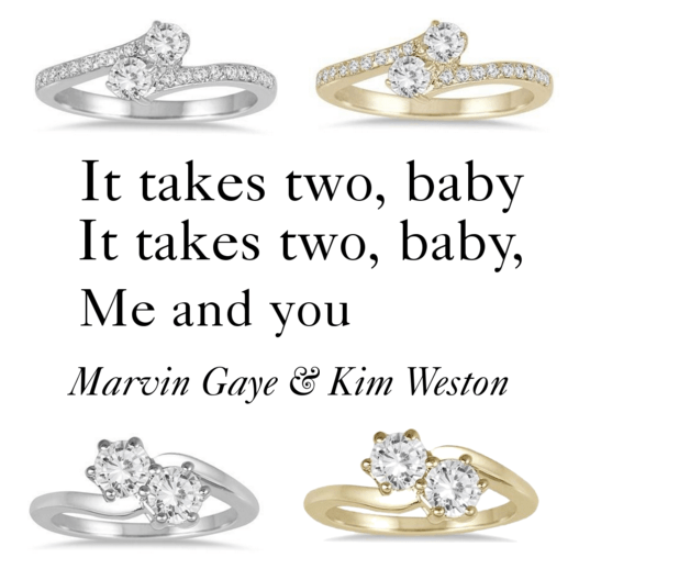 TOP TO BOTTOM: 1/2 CARAT TWO STONE DIAMOND RING IN WHITE OR YELLOW GOLD; 1 CARAT TWO STONE DIAMOND RING IN WHITE OR YELLOW GOLD