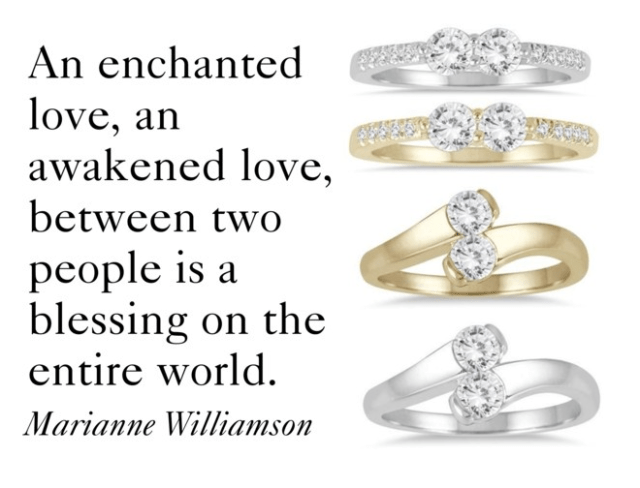 TOP TO BOTTOM: 5/8 CARAT TWO STONE DIAMOND RING IN WHITE OR YELLOW GOLD; 1/2 CARAT TWO STONE DIAMOND RING IN WHITE OR YELLOW GOLD